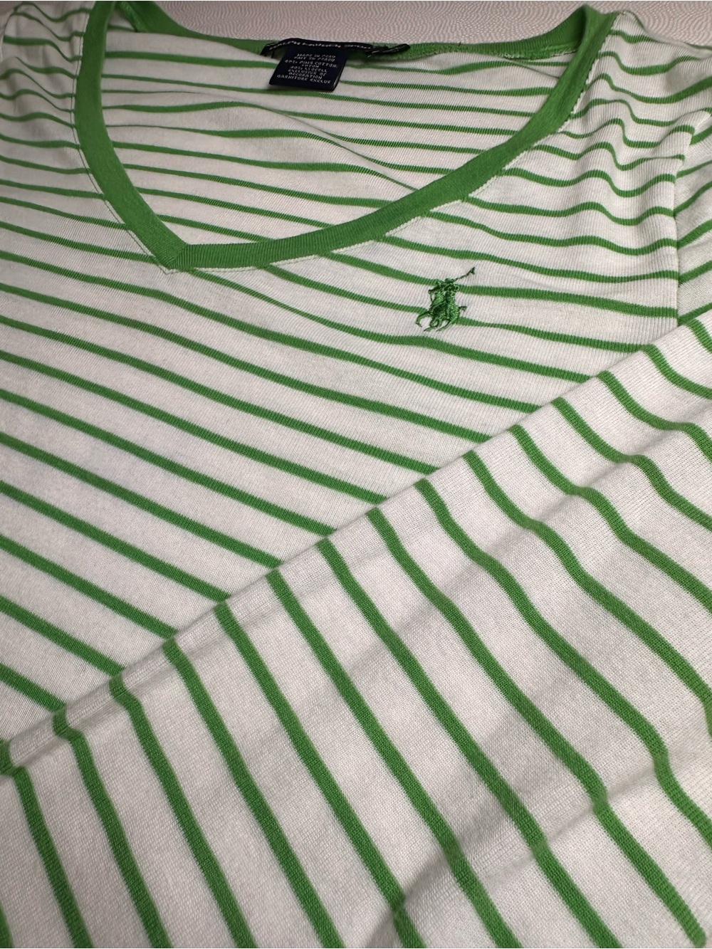 Ralph Lauren Sport Green White Striped V Neck Shirt Women’s M Lyocell - Picture 9 of 11